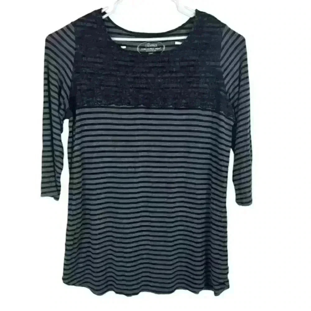 Soma Live Lounge Wear Tunic Top Dress XL Black Lace and Stripes Luxuriously Soft